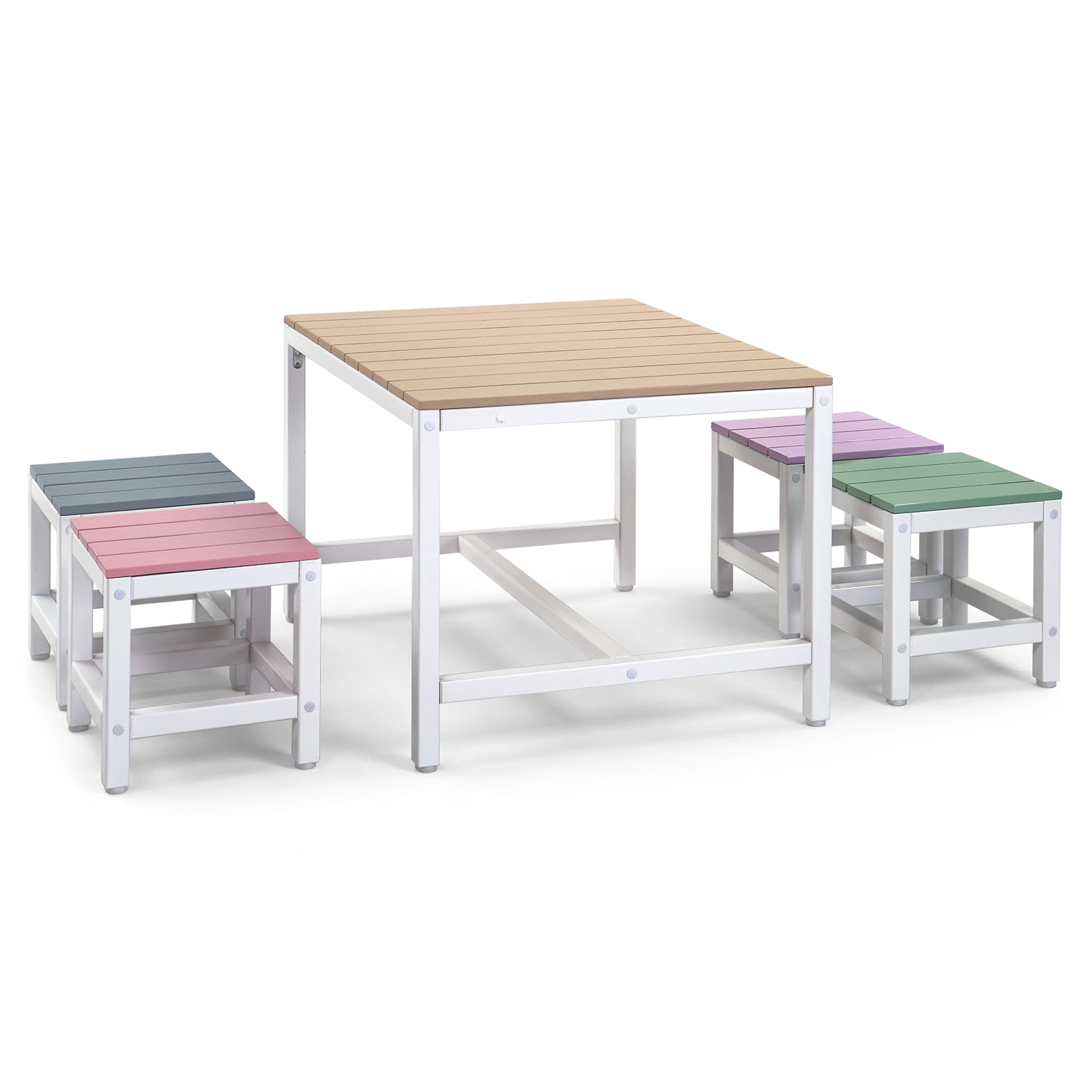 5-Piece Children's Patio Table and Chair Set 29.5 Inch Poplar Wood 1 Table 4 Stools Khaki Pink Purple Blue Green