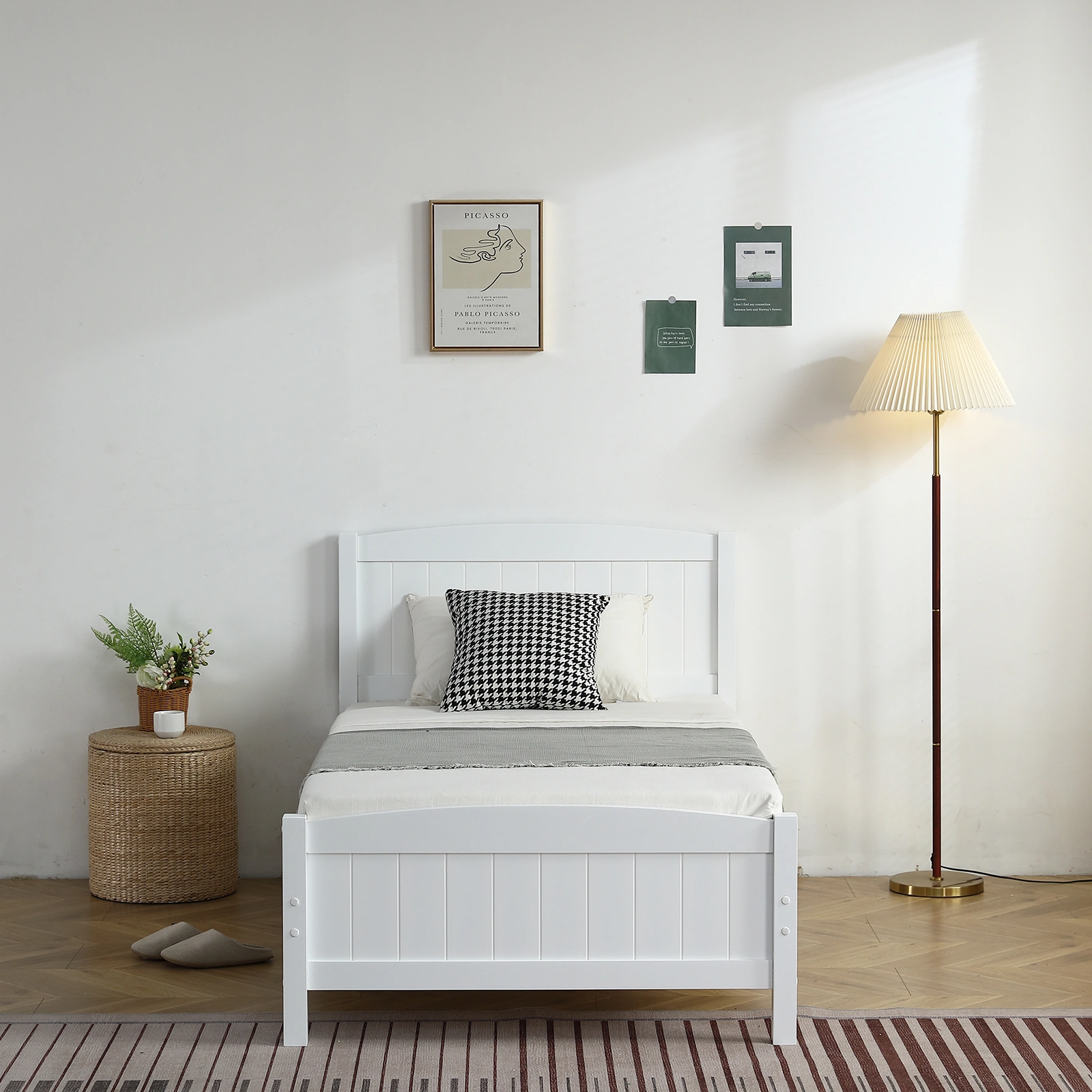 FCH Twin Pine Curved Bed Frame with Vertical Stripe Pattern, White Wooden Headboard and Footboard, Single-Layer Construction view 10