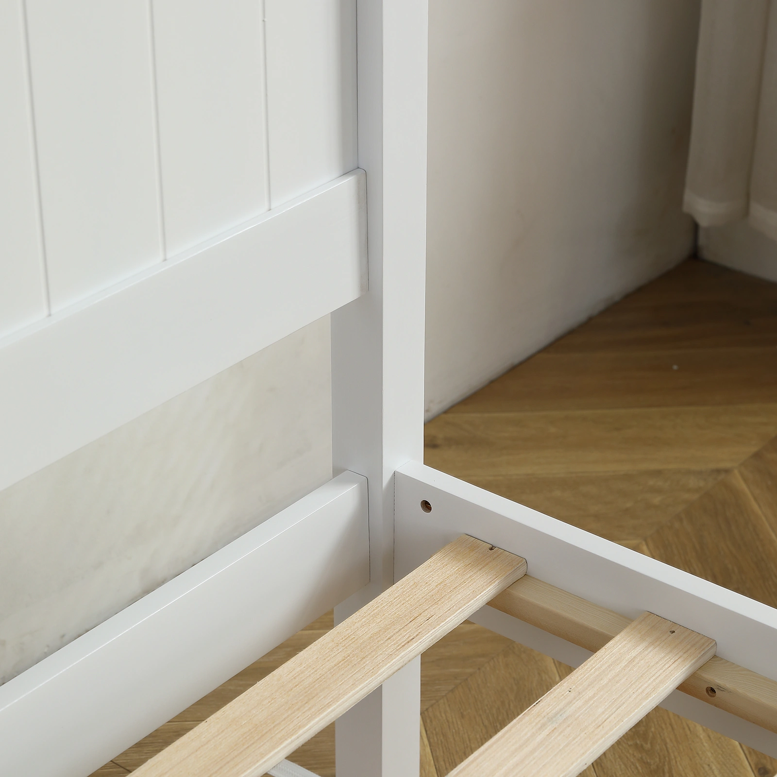 FCH Twin Pine Curved Bed Frame with Vertical Stripe Pattern, White Wooden Headboard and Footboard, Single-Layer Construction view 11