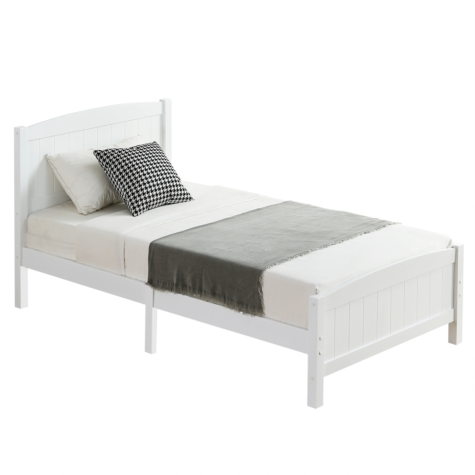 FCH Twin Pine Curved Bed Frame with Vertical Stripe Pattern, White Wooden Headboard and Footboard, Single-Layer Construction view 12