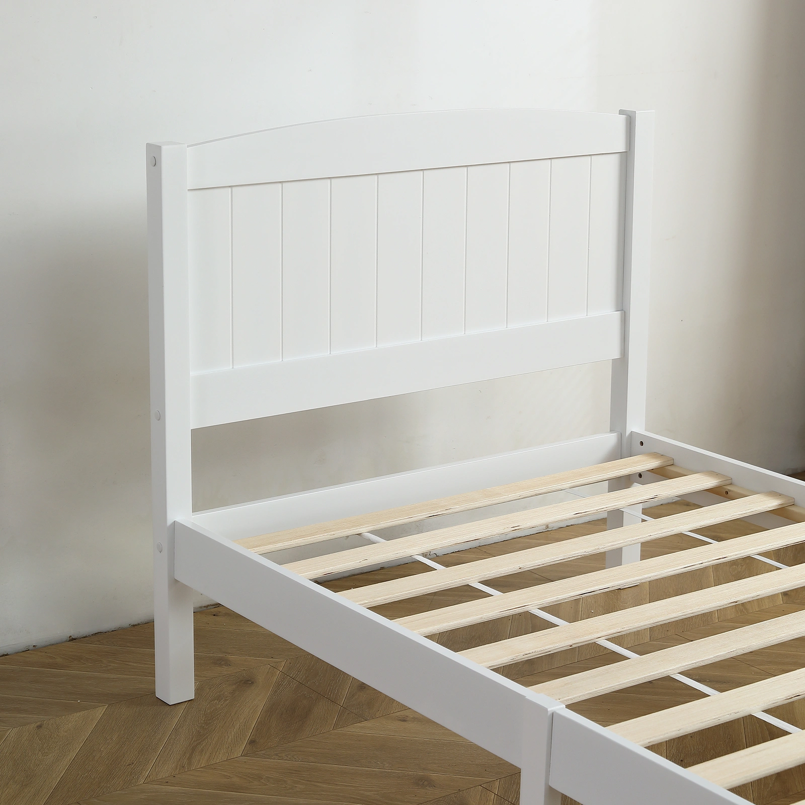 FCH Twin Pine Curved Bed Frame with Vertical Stripe Pattern, White Wooden Headboard and Footboard, Single-Layer Construction view 13