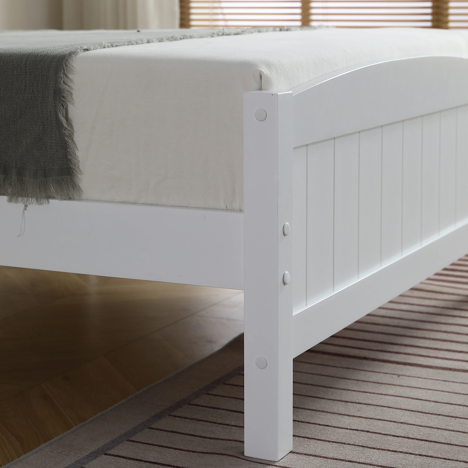 FCH Twin Pine Curved Bed Frame with Vertical Stripe Pattern, White Wooden Headboard and Footboard, Single-Layer Construction view 16