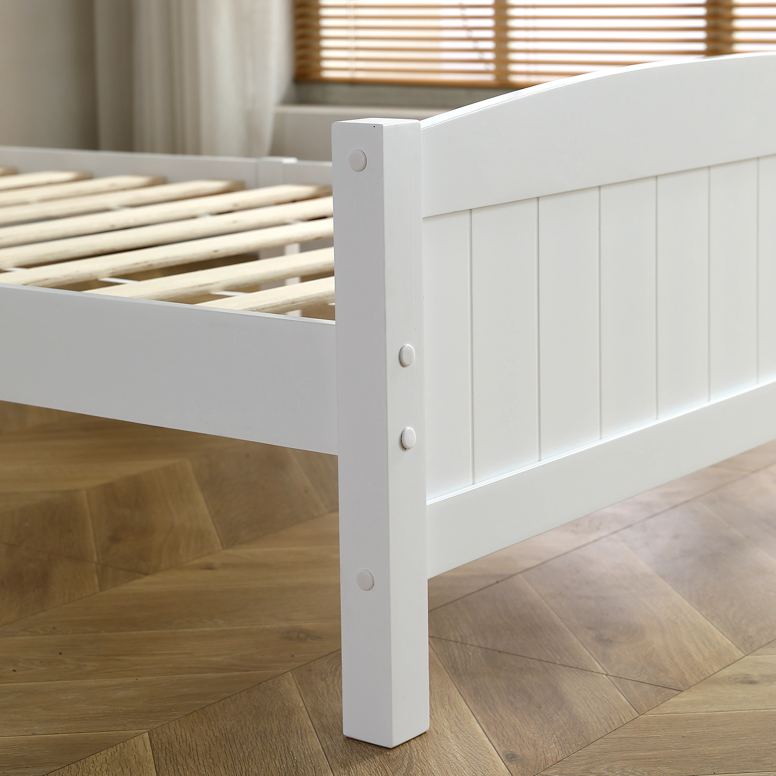 FCH Twin Pine Curved Bed Frame with Vertical Stripe Pattern, White Wooden Headboard and Footboard, Single-Layer Construction view 17