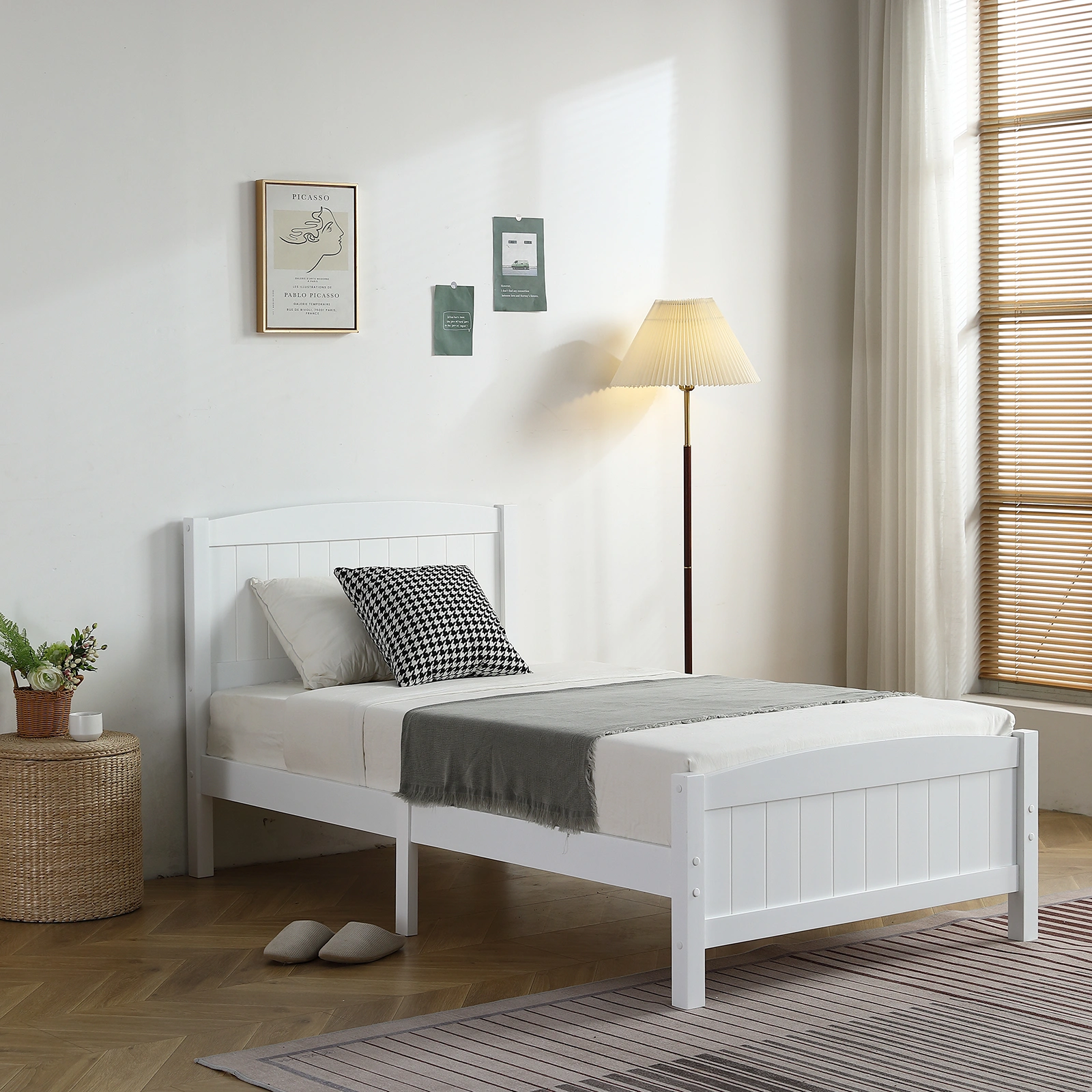 FCH Twin Pine Curved Bed Frame with Vertical Stripe Pattern, White Wooden Headboard and Footboard, Single-Layer Construction view 20