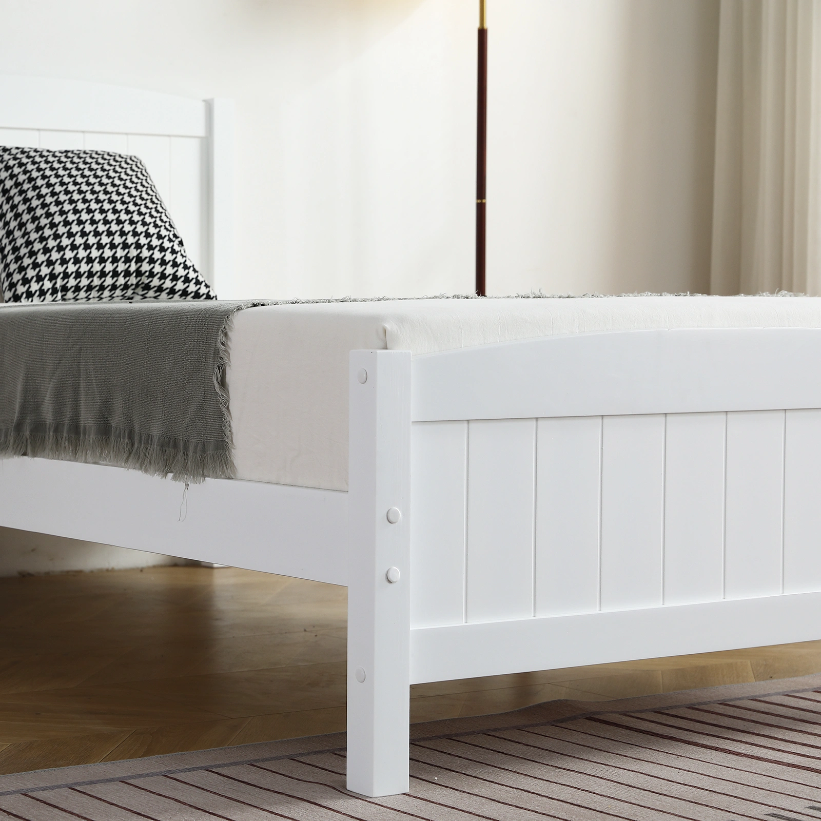 FCH Twin Pine Curved Bed Frame with Vertical Stripe Pattern, White Wooden Headboard and Footboard, Single-Layer Construction view 21