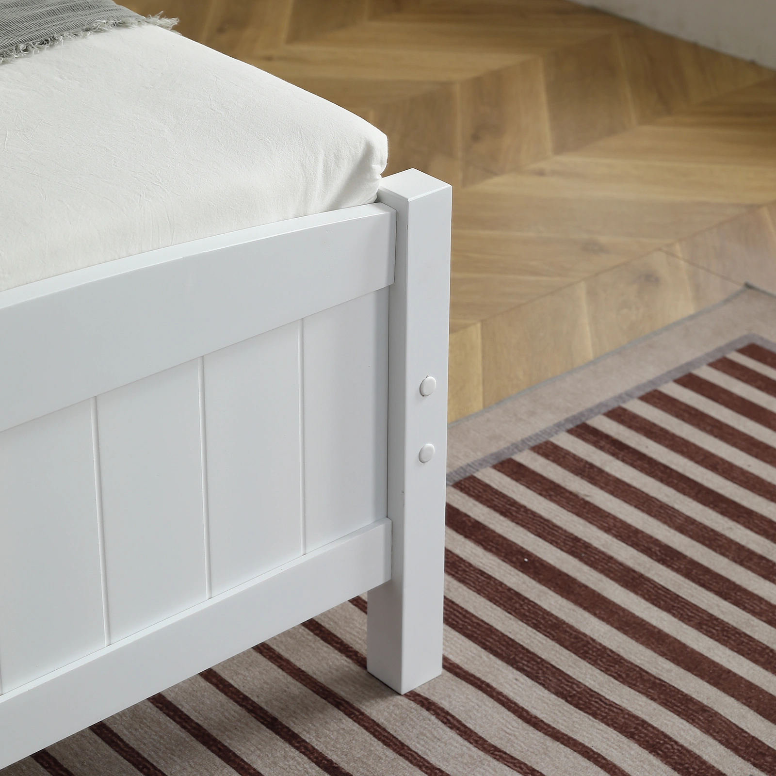 FCH Twin Pine Curved Bed Frame with Vertical Stripe Pattern, White Wooden Headboard and Footboard, Single-Layer Construction view 24