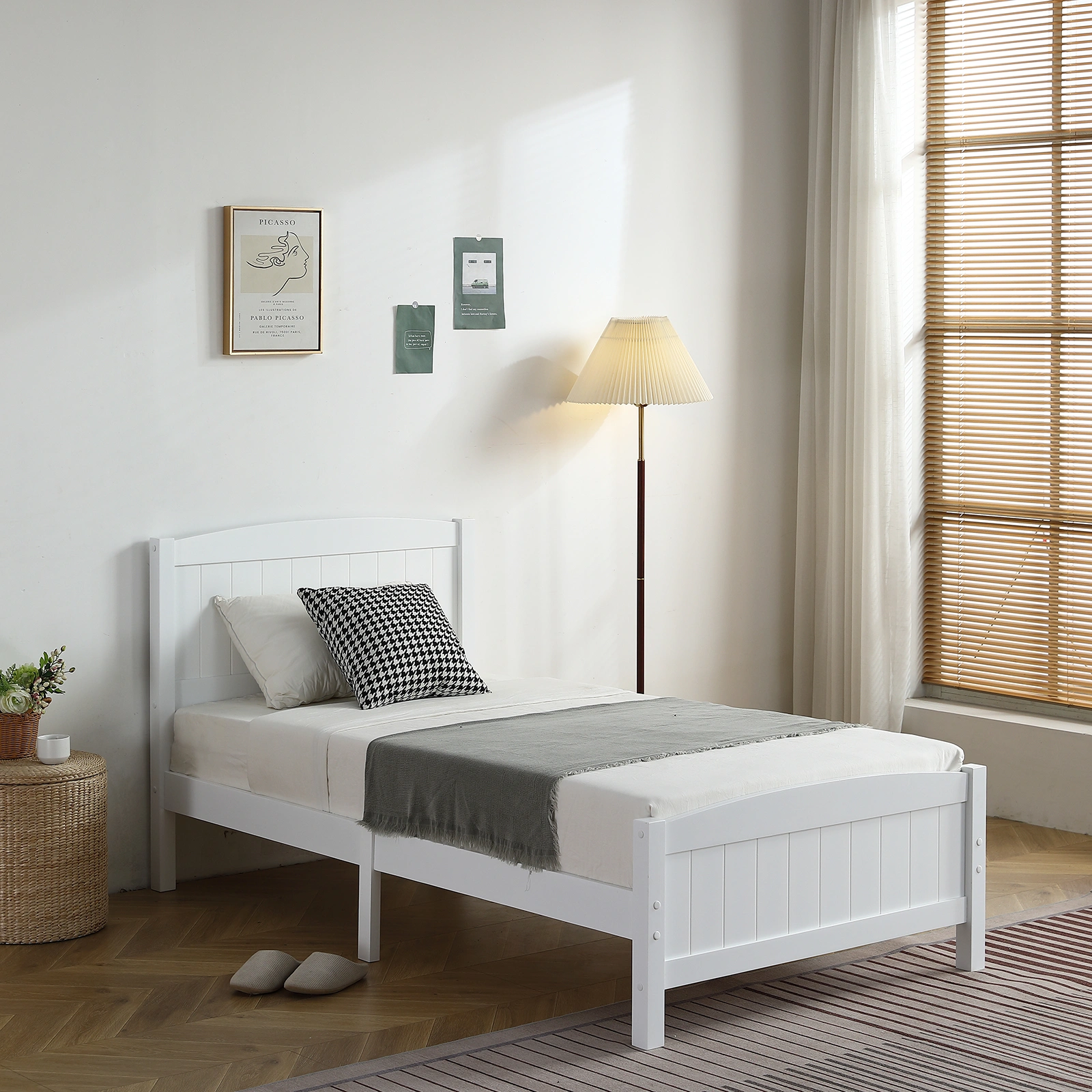 FCH Twin Pine Curved Bed Frame with Vertical Stripe Pattern, White Wooden Headboard and Footboard, Single-Layer Construction view 25