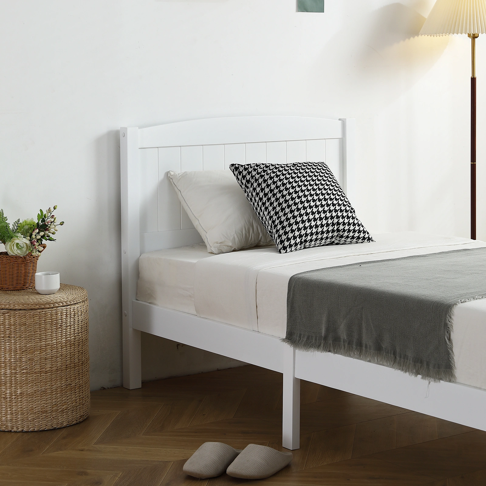 FCH Twin Pine Curved Bed Frame with Vertical Stripe Pattern, White Wooden Headboard and Footboard, Single-Layer Construction view 26