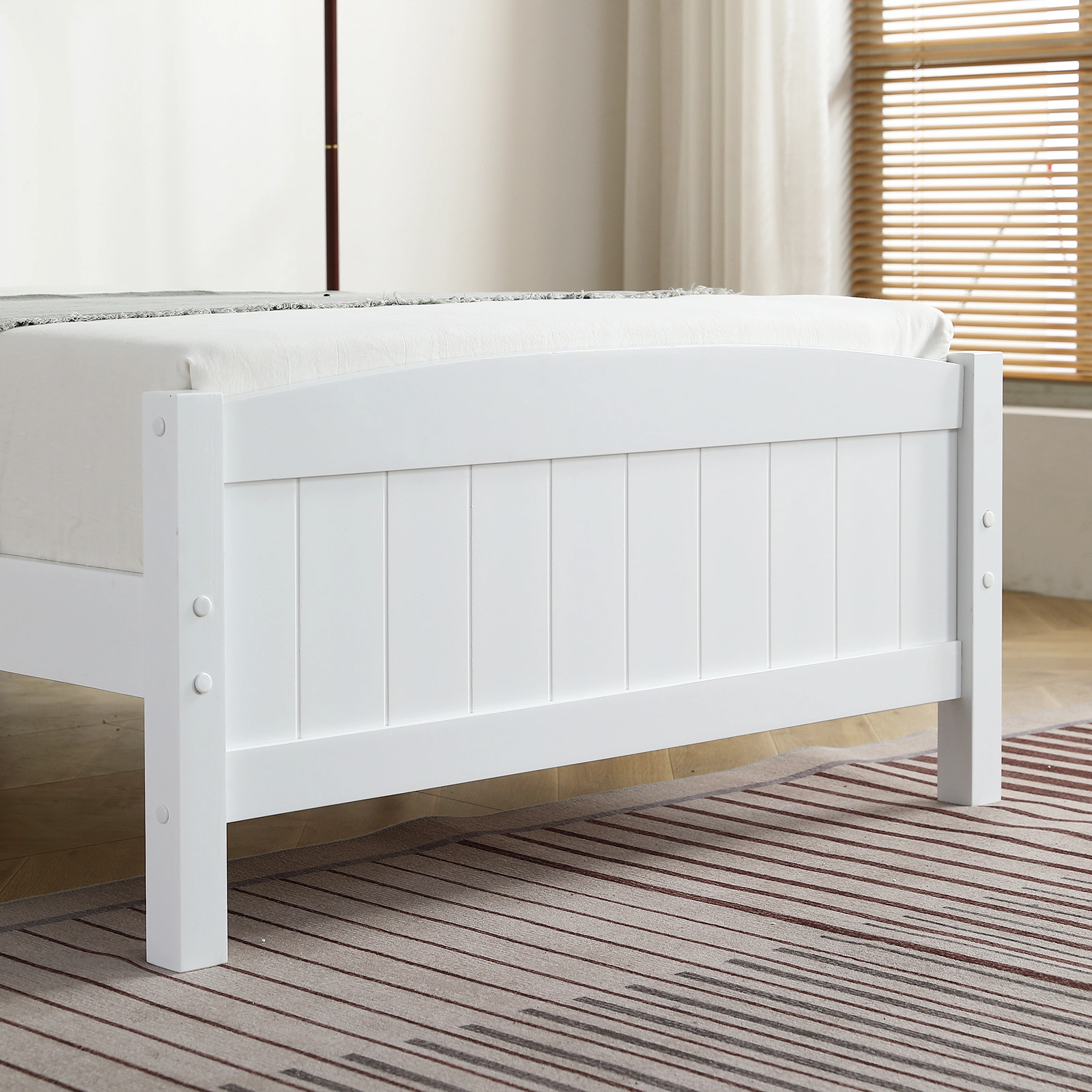 FCH Twin Pine Curved Bed Frame with Vertical Stripe Pattern, White Wooden Headboard and Footboard, Single-Layer Construction view 27
