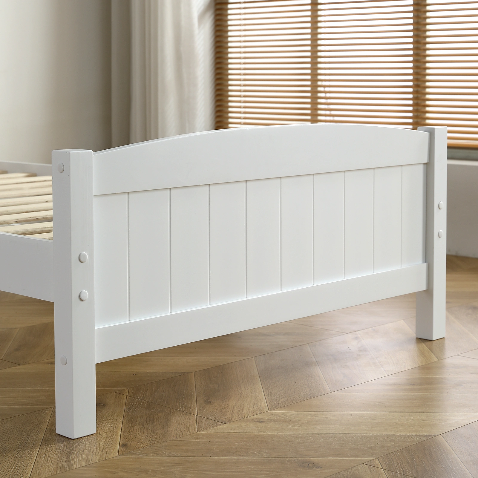 FCH Twin Pine Curved Bed Frame with Vertical Stripe Pattern, White Wooden Headboard and Footboard, Single-Layer Construction view 28