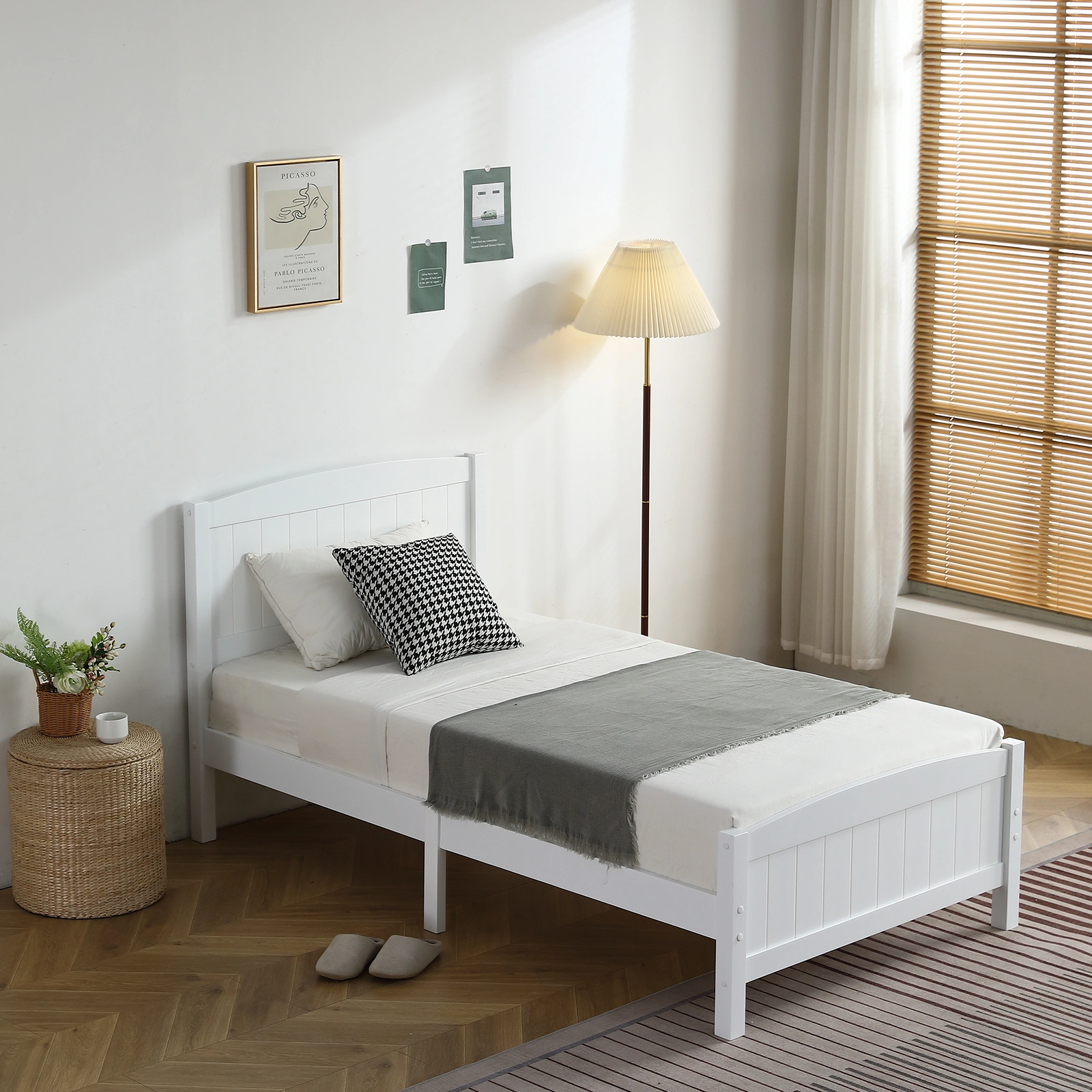 FCH Twin Pine Curved Bed Frame with Vertical Stripe Pattern, White Wooden Headboard and Footboard, Single-Layer Construction view 29