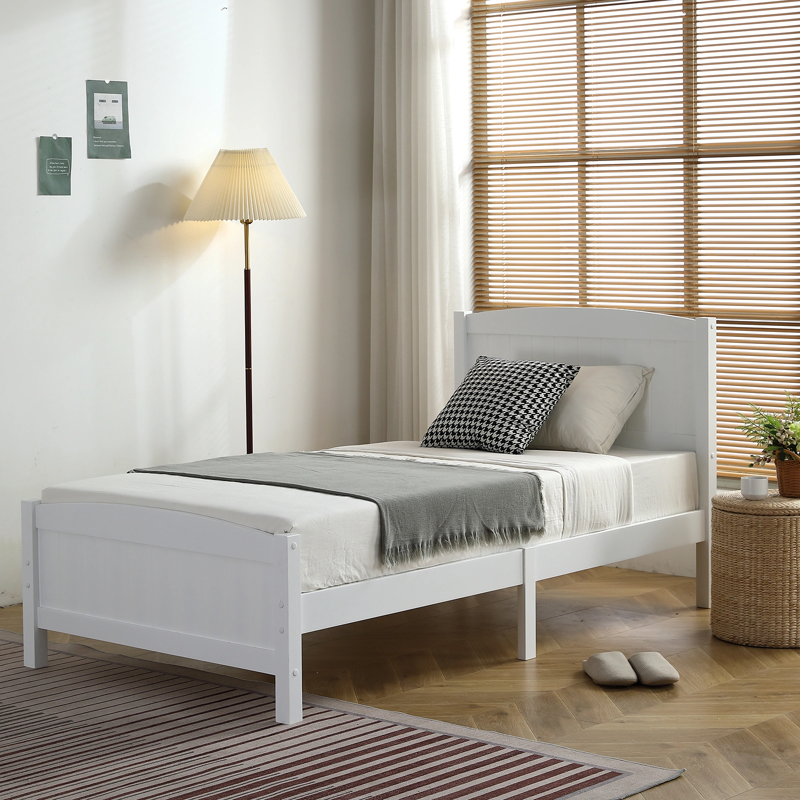 FCH Twin Pine Curved Bed Frame with Vertical Stripe Pattern, White Wooden Headboard and Footboard, Single-Layer Construction view 3