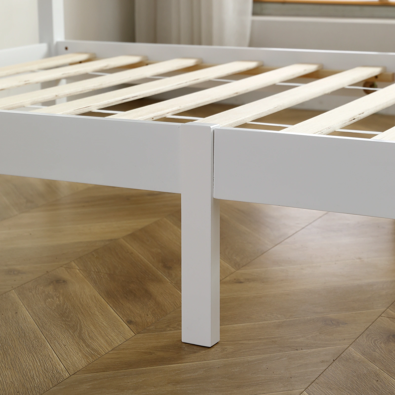 FCH Twin Pine Curved Bed Frame with Vertical Stripe Pattern, White Wooden Headboard and Footboard, Single-Layer Construction view 31