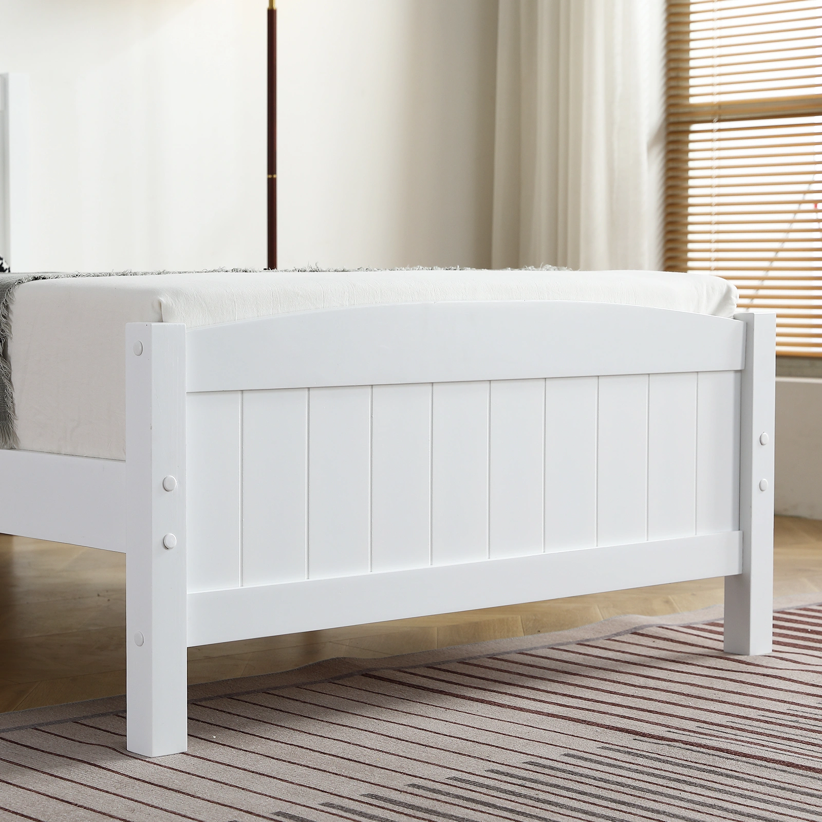 FCH Twin Pine Curved Bed Frame with Vertical Stripe Pattern, White Wooden Headboard and Footboard, Single-Layer Construction view 7