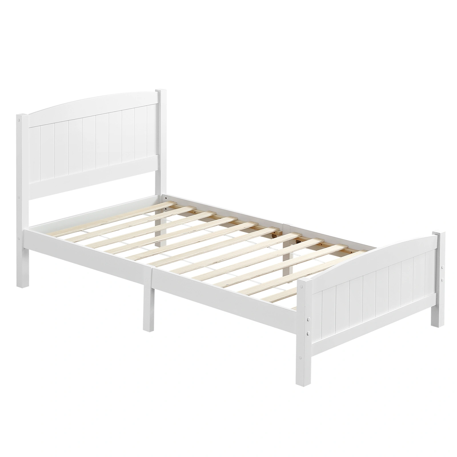FCH Twin Pine Curved Bed Frame with Vertical Stripe Pattern, White Wooden Headboard and Footboard, Single-Layer Construction view 9