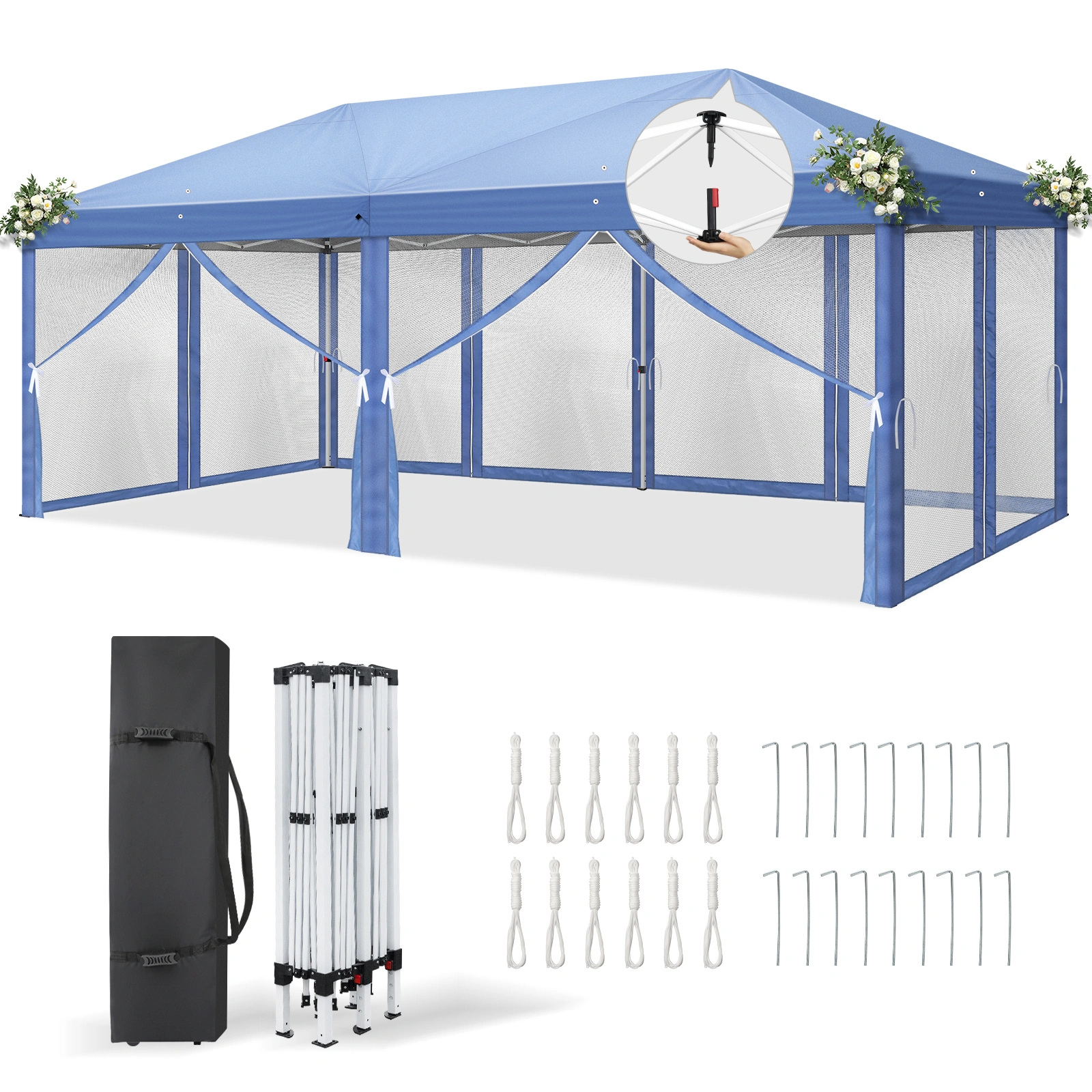 10x20 ft Blue Pop Up Canopy Tent, Instant Folding Shelter 6 Mesh Panels 2 Doors 4 Windows, Powder Coated Iron Frame, 210D Oxford Fabric Outdoor Canopy with Carry Bag, No Sandbags
