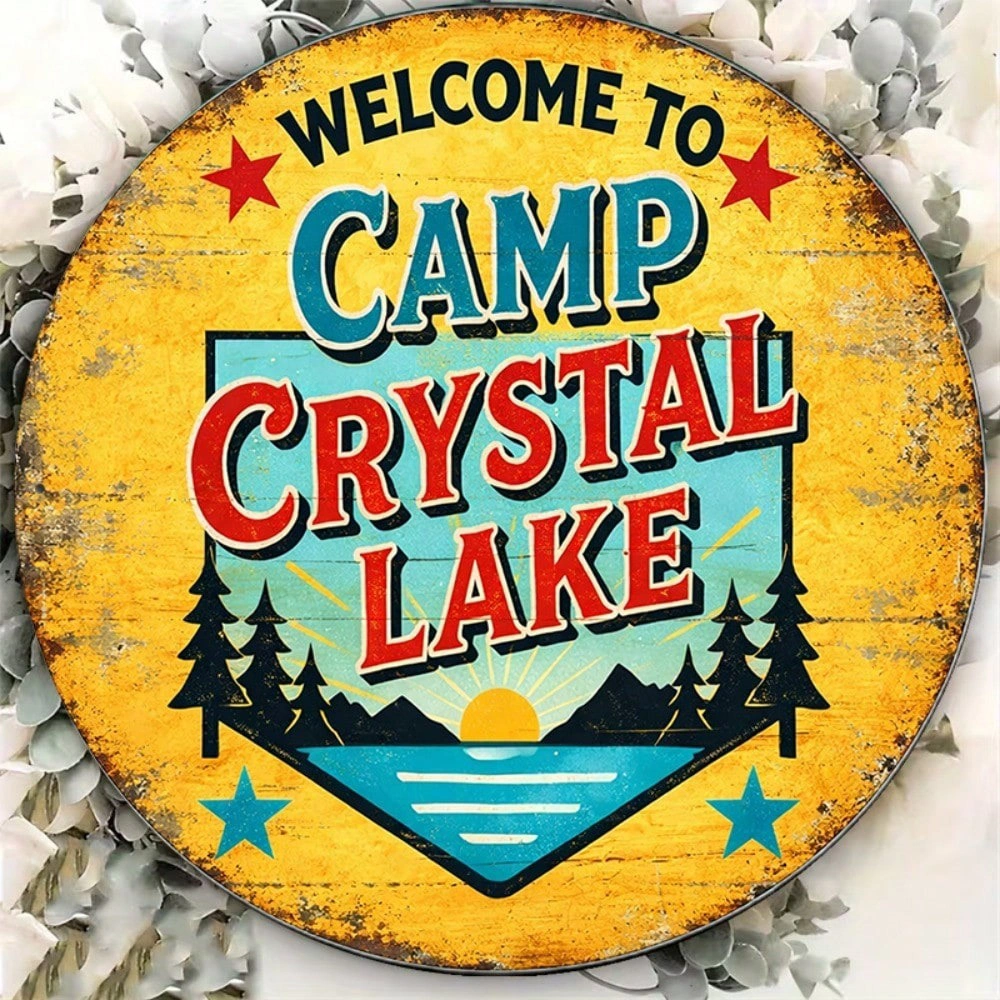 Vintage Camp Crystal Lake Sign 8x8in, Round Metal Wall Decor for Game Room Bar Garage Man Cave Rustic Cabin Home view 5