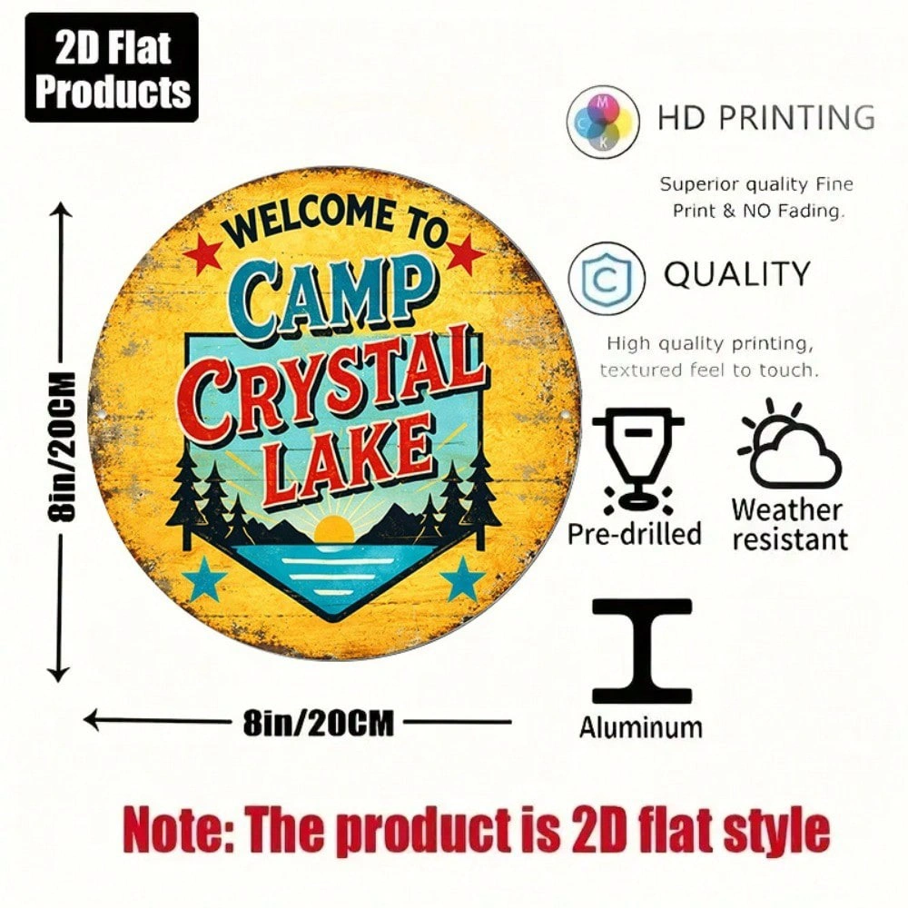 Vintage Camp Crystal Lake Sign 8x8in, Round Metal Wall Decor for Game Room Bar Garage Man Cave Rustic Cabin Home view 7
