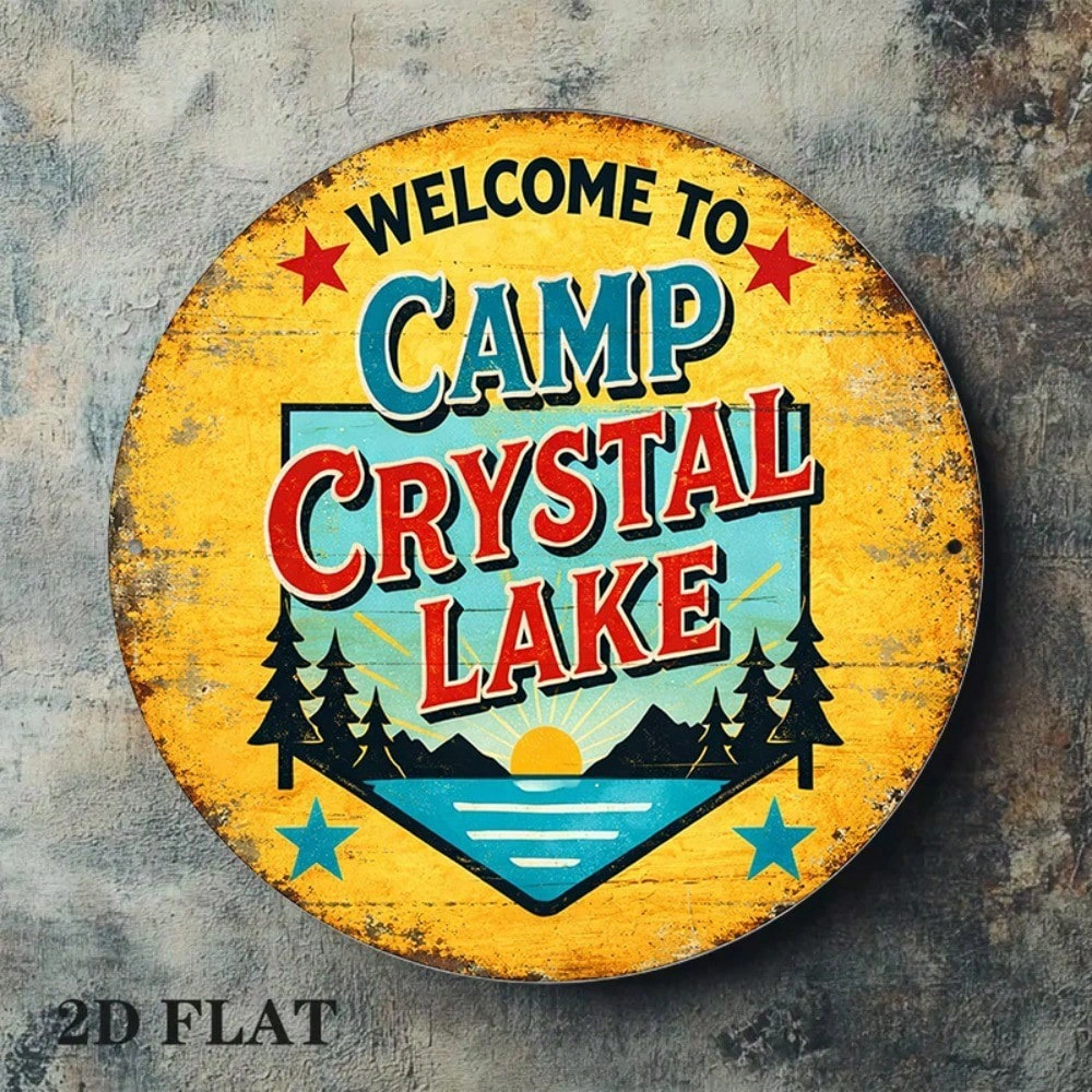 Vintage Camp Crystal Lake Sign 8x8in, Round Metal Wall Decor for Game Room Bar Garage Man Cave Rustic Cabin Home view 8