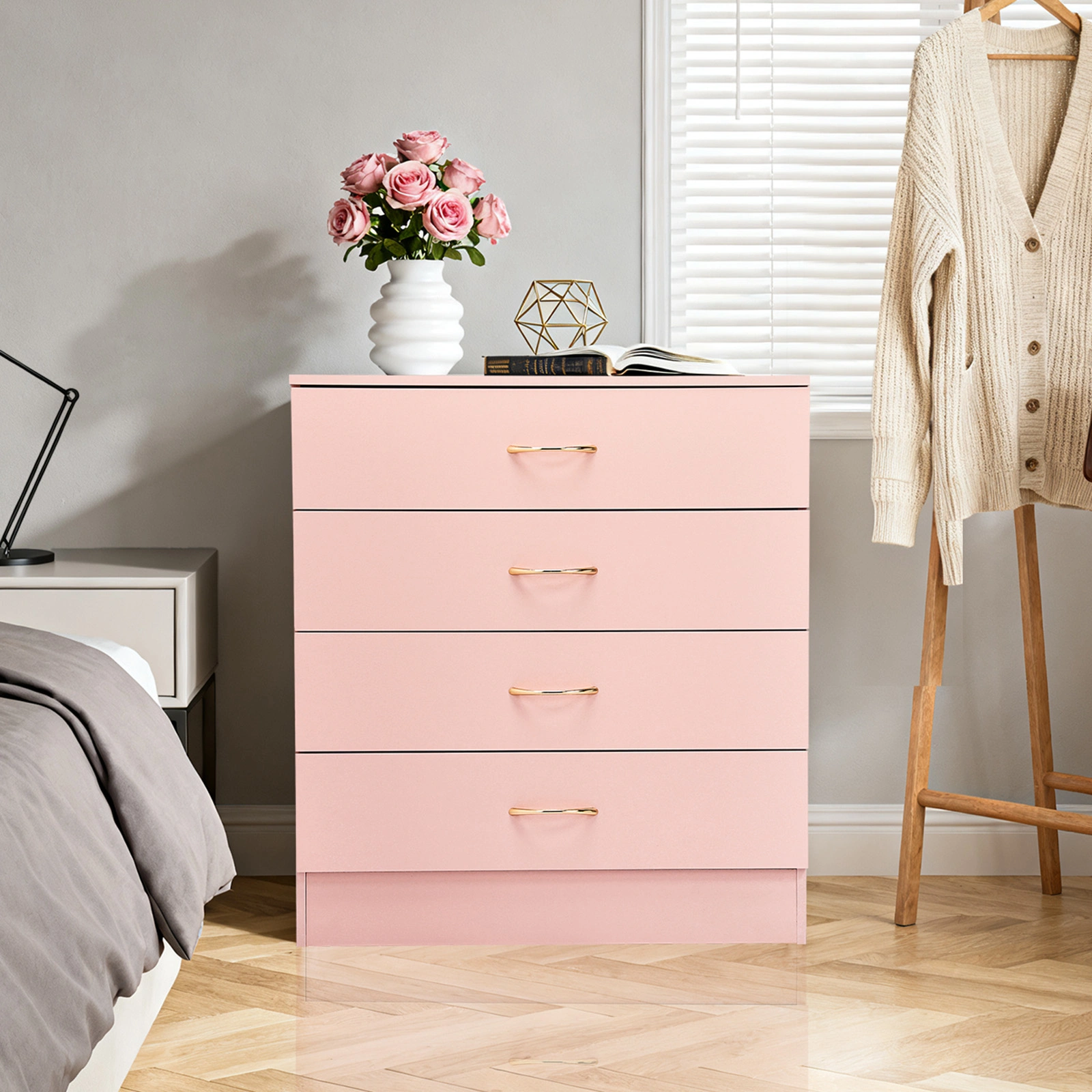 Nail Polish Cabinet, Textured Particleboard with Melamine Veneer, 66*33*73mm, 4-Drawer, Faux Rose Gold Handles