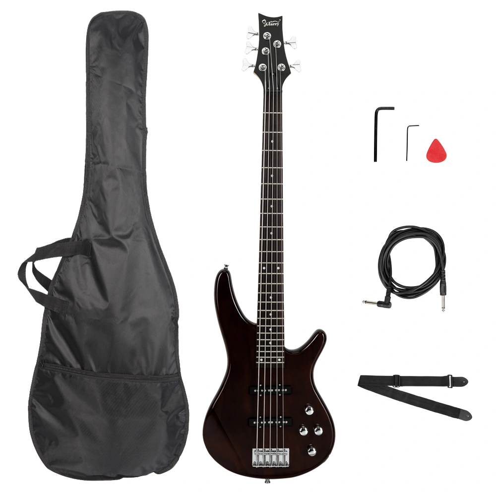 5-String Electric Bass Guitar Full Size Earth Brown Finish Includes Bag Strap Pick Connector Wrench Tool view 2