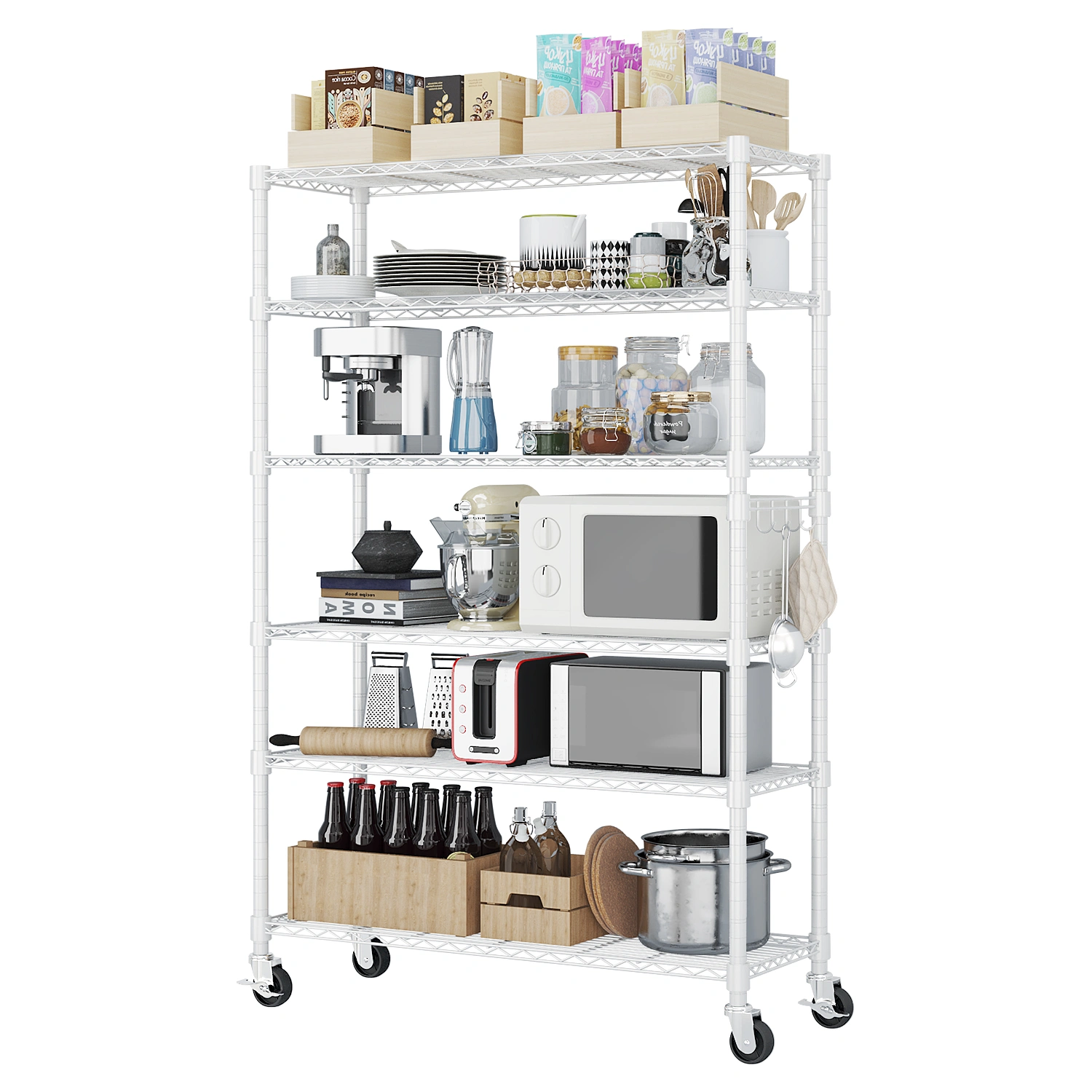 Six-Tier Removable Display Stand, Iron Rack with Side Hooks, Adjustable Feet & Wheels, Powder-Coated White, 117x45x208cm