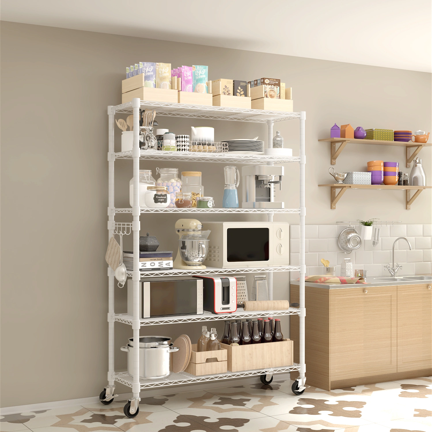 Six-Tier Removable Display Stand, Iron Rack with Side Hooks, Adjustable Feet & Wheels, Powder-Coated White, 117x45x208cm view 3