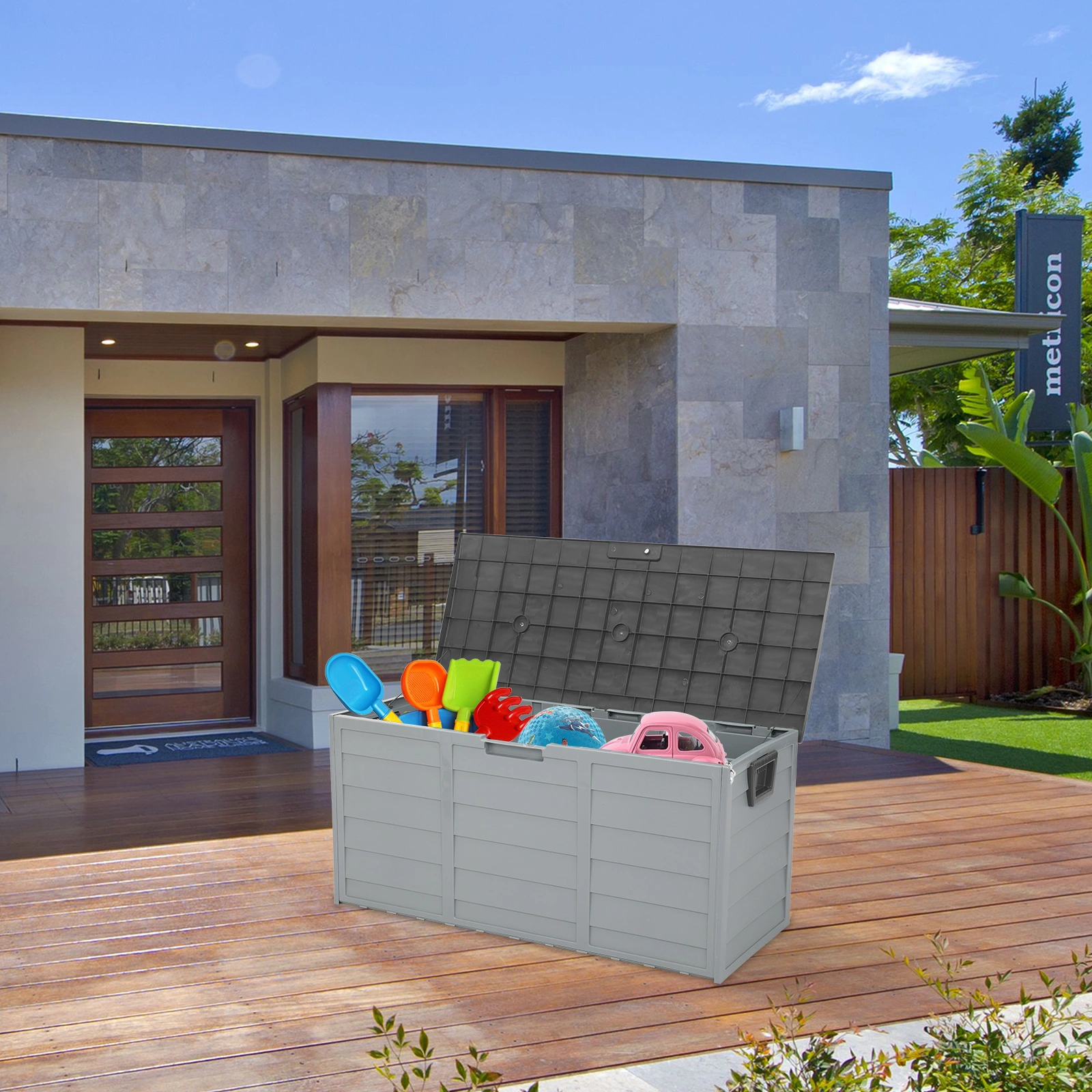 75 Gal (260L) Outdoor Garden Plastic Storage Deck Box, Lockable Seat Chest for Tools Cushions Toys