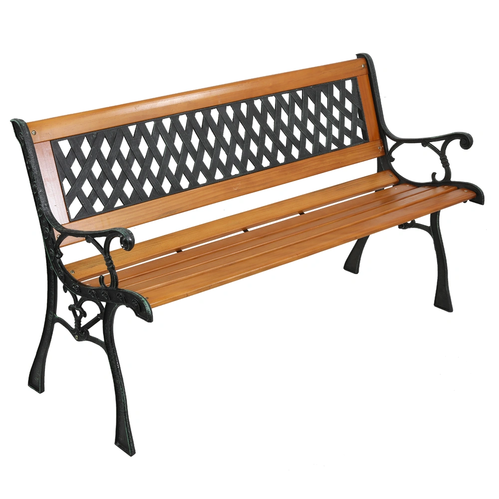 49-Inch Garden Bench Hardwood Seat Cast Iron Frame Weave Style Back Patio Deck Chair